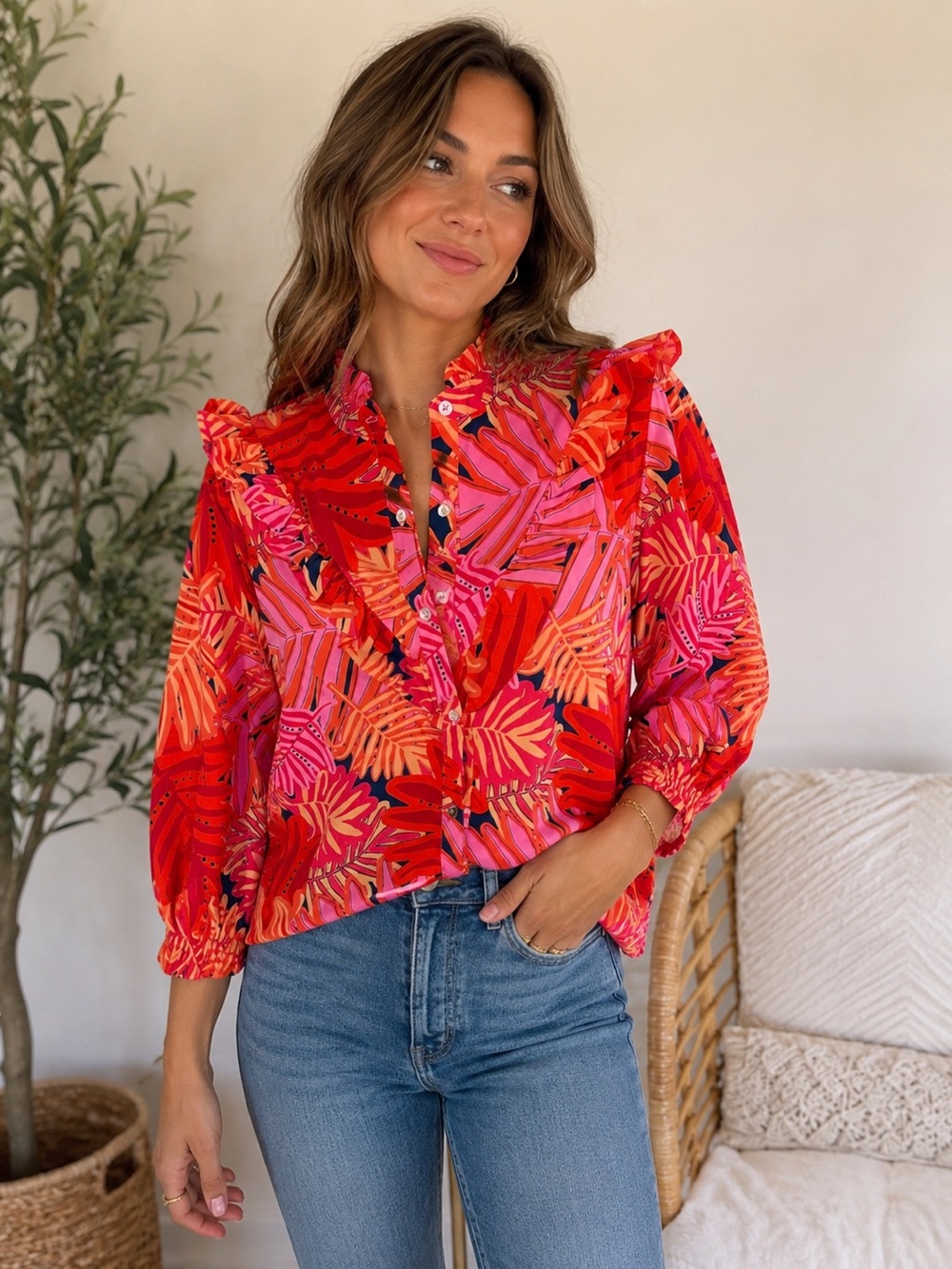 Michelle McDowell Tropical Print Ruffle Blouse